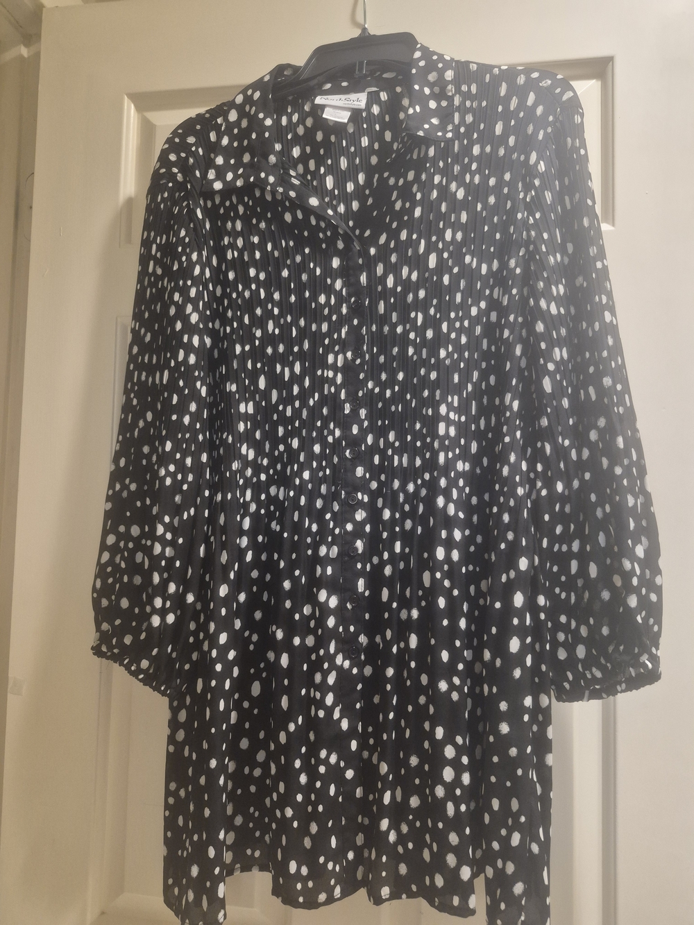 NWOT-Pleated Black and White Polka Dot Button-Front Blouse